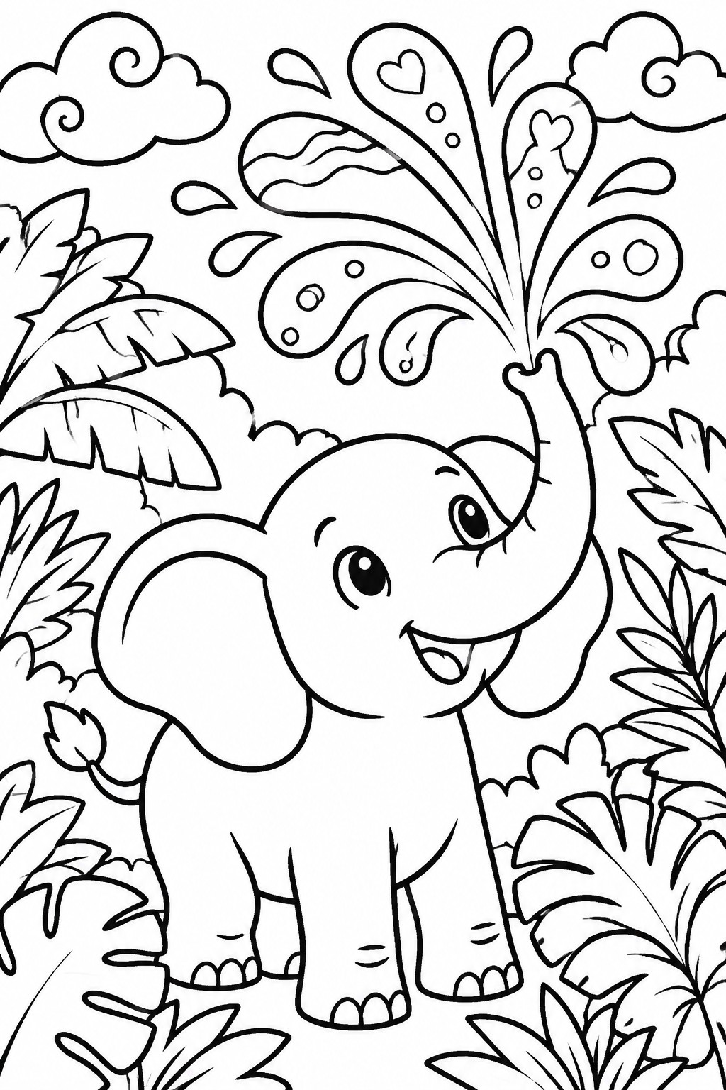 Cute baby elephant spraying water with trunk amid jungle leaves and clouds