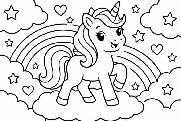 20 Simple One-Color Coloring Pages Built Around Strong Line Art Line drawing of a unicorn on clouds under a rainbow with stars and hearts around it.