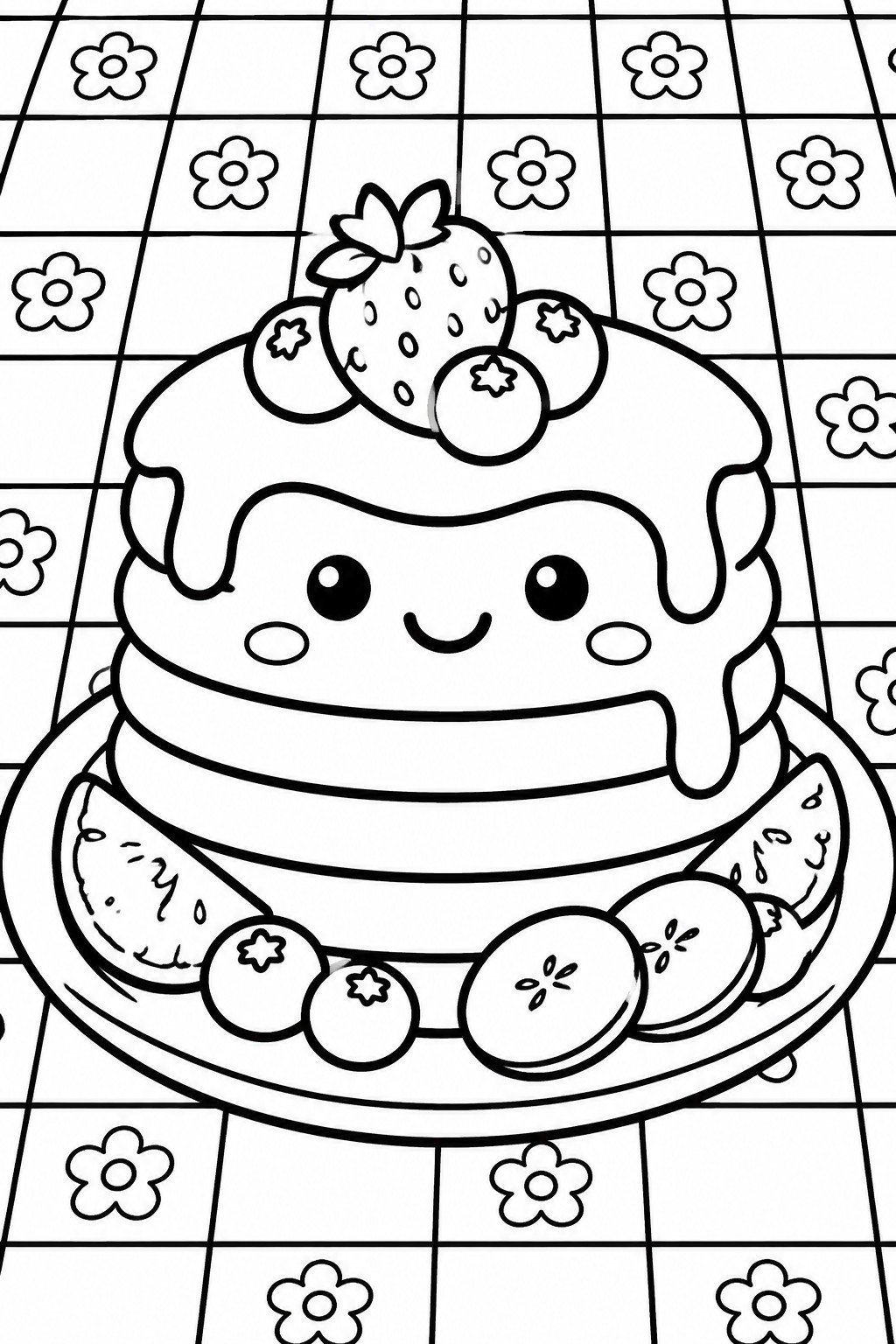 Cute cartoon pancake stack with face, strawberries, and fruits on checkered background