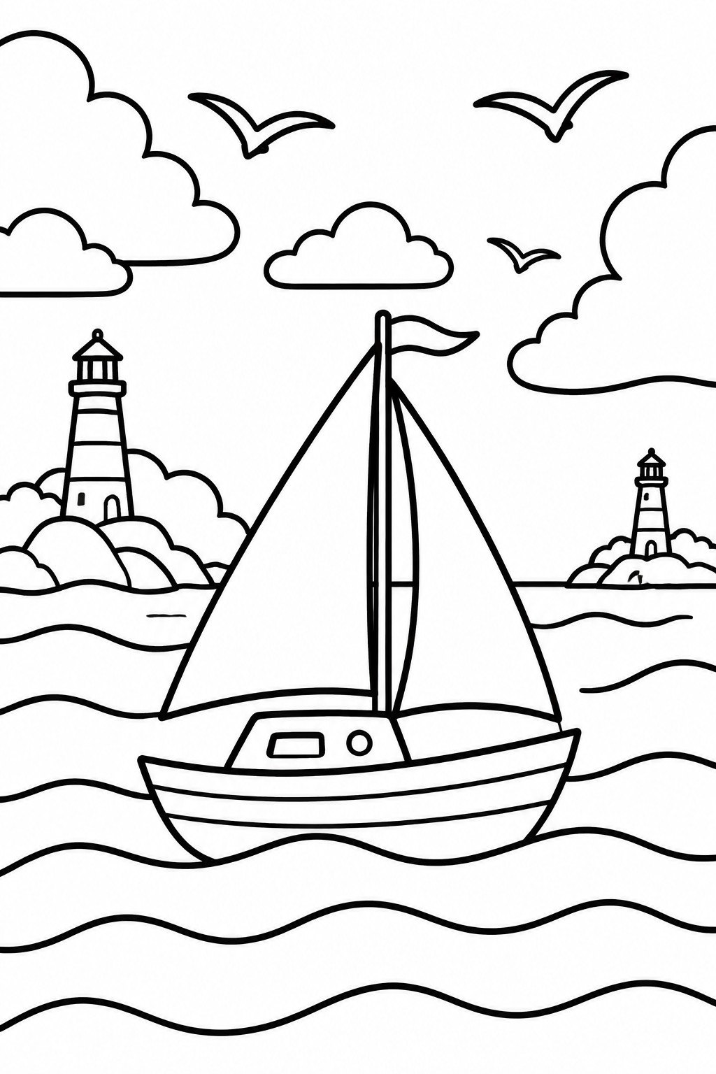 Line drawing of sailboat on wavy sea between two lighthouses with clouds and birds