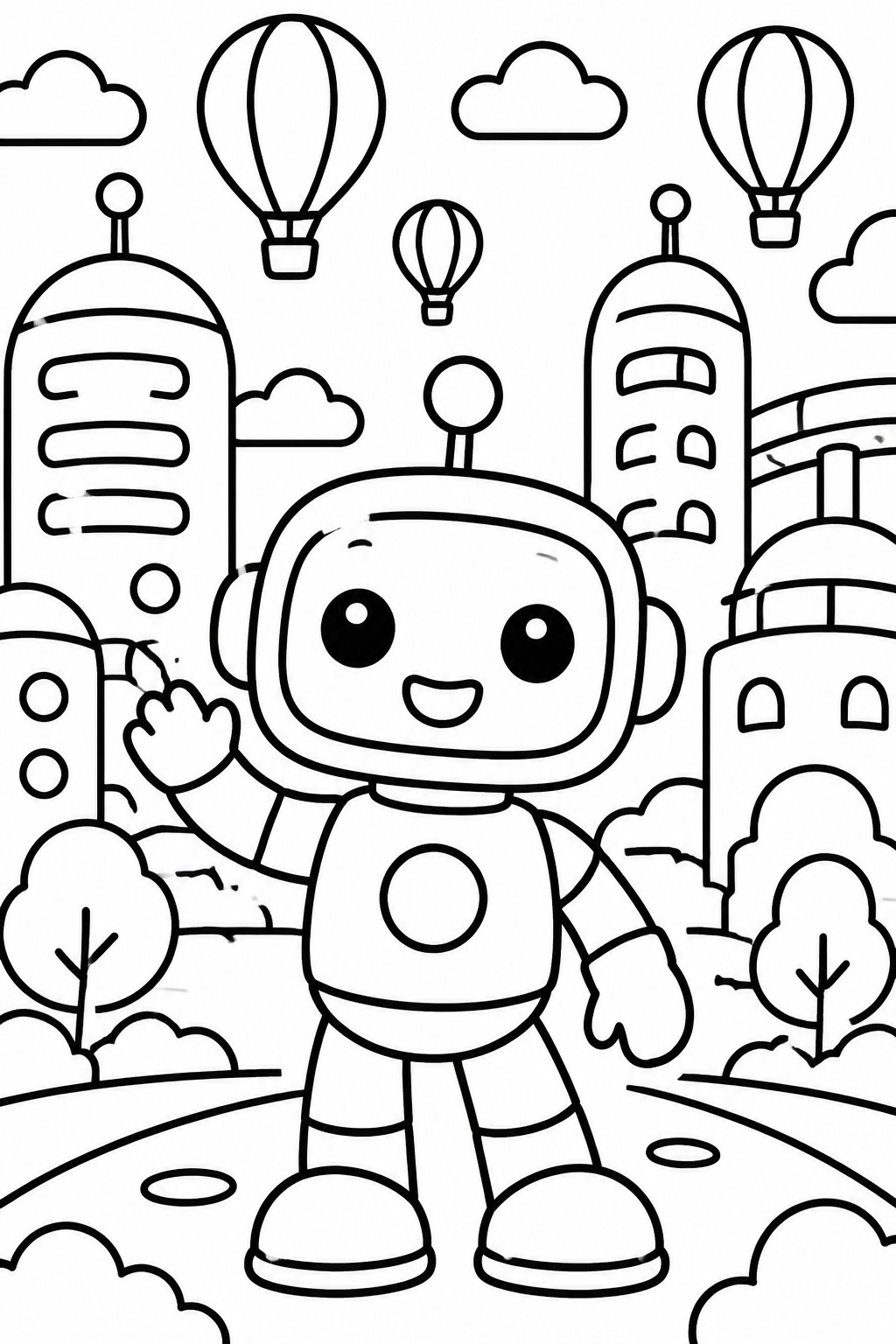 Black-and-white cartoon robot waving amid domed buildings and hot air balloons