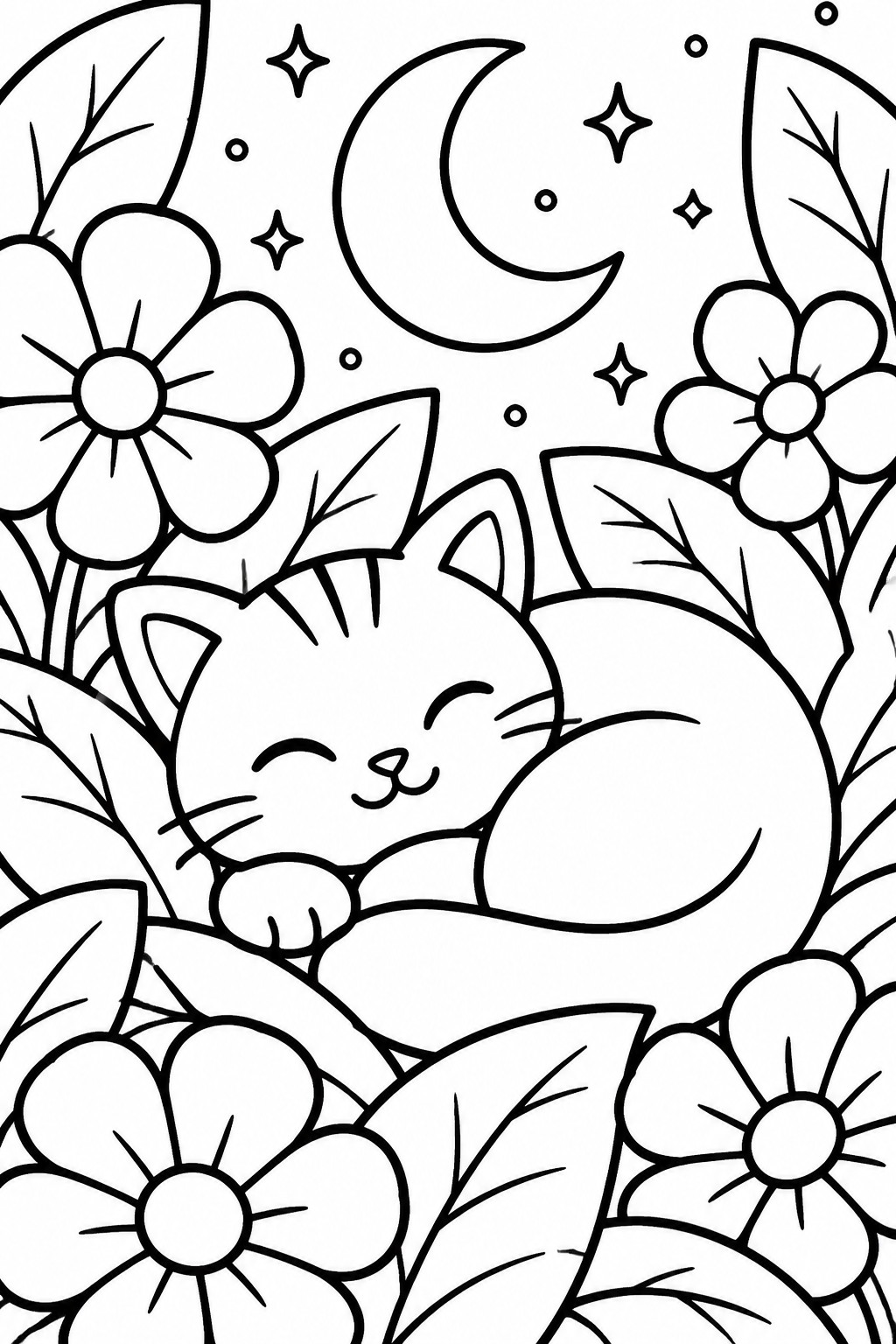 Sleeping cartoon cat curled among flowers under crescent moon and stars.
