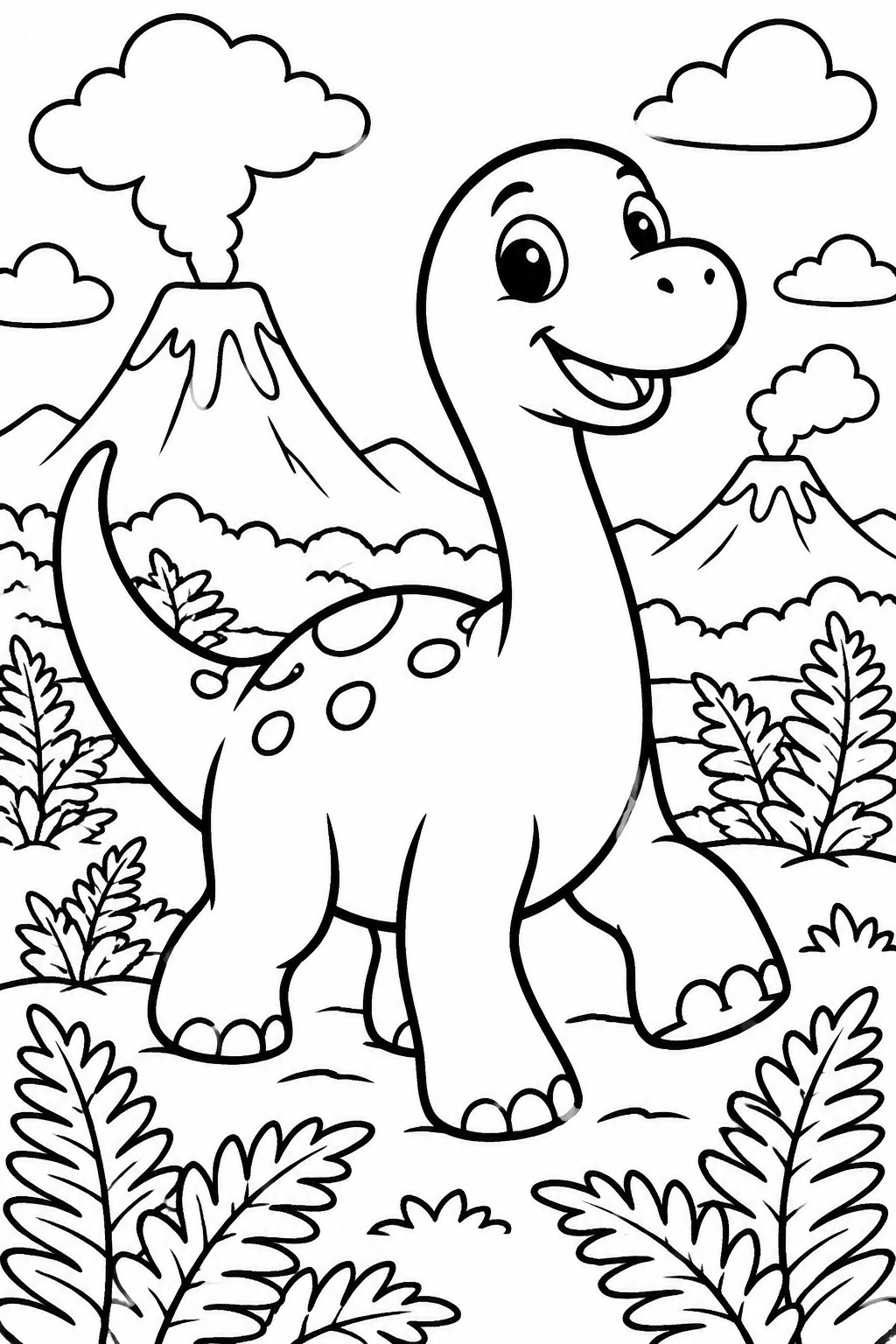 Smiling cartoon dinosaur in volcanic landscape with ferns and clouds
