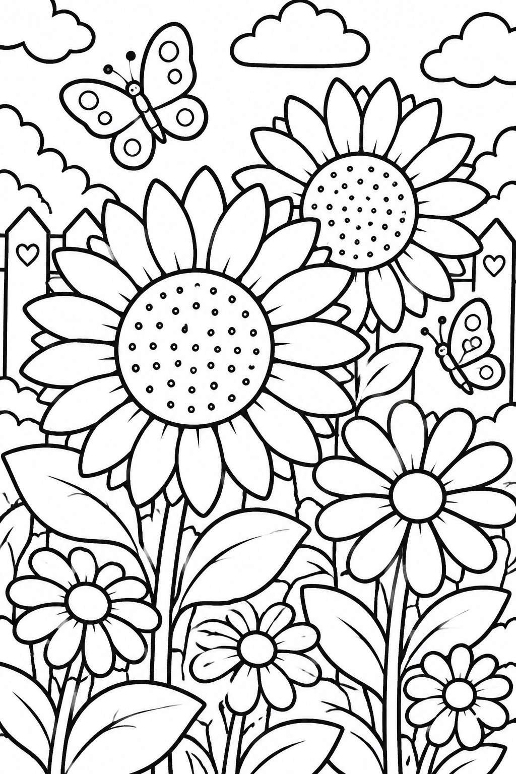 A black and white line drawing of sunflowers, daisies, butterflies, and a picket fence in a garden.