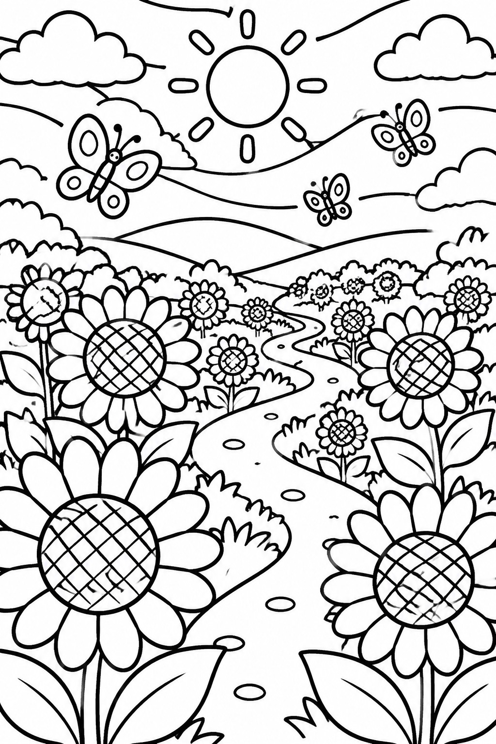 Coloring page of sunflowers, butterflies, winding path, sun, and clouds in landscape