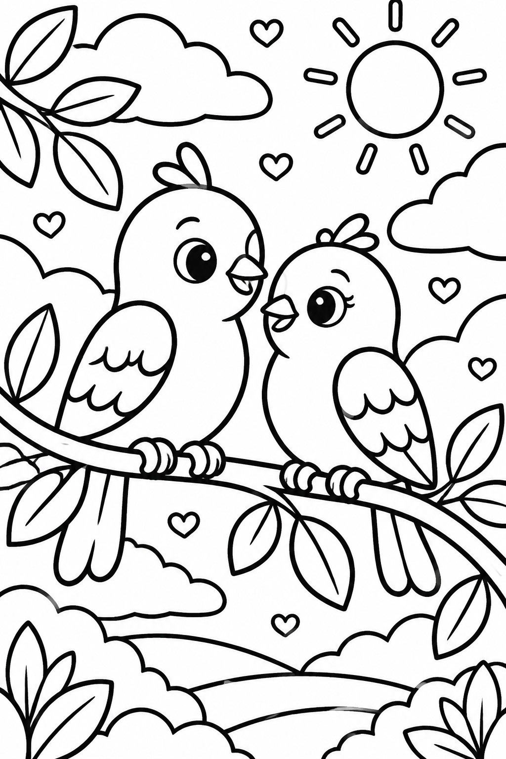 Two cartoon birds on a branch with hearts, sun, clouds, and leaves in coloring page style