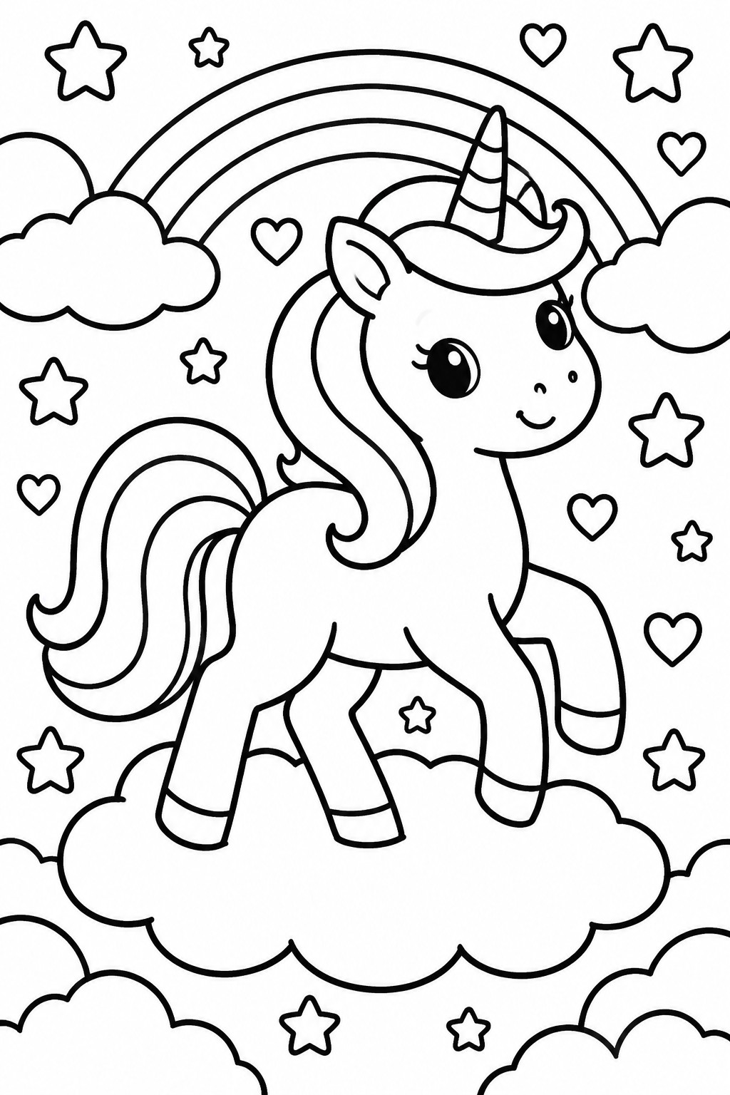 Line drawing of a unicorn on clouds under a rainbow with stars and hearts around it.