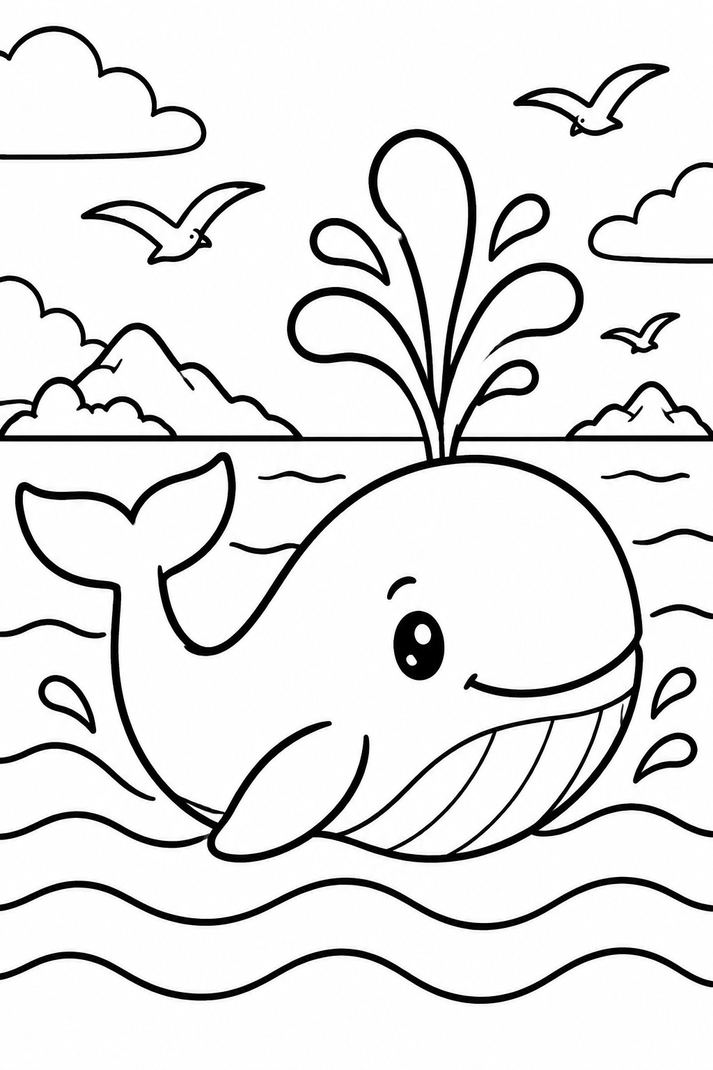 Cartoon whale spouting water in ocean with flying birds, clouds and mountains