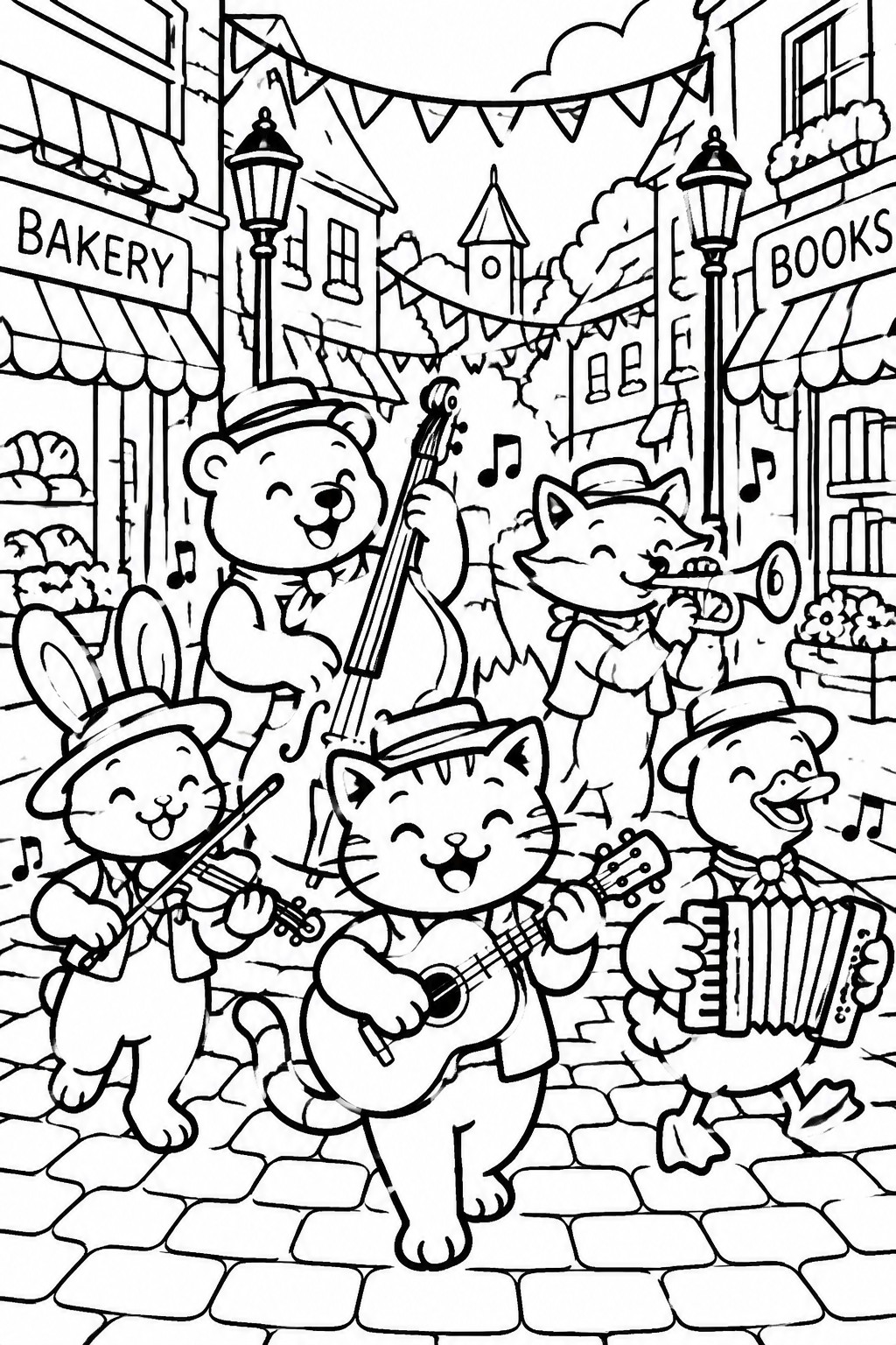 Five costumed animals playing instruments on a cobblestone street with shops