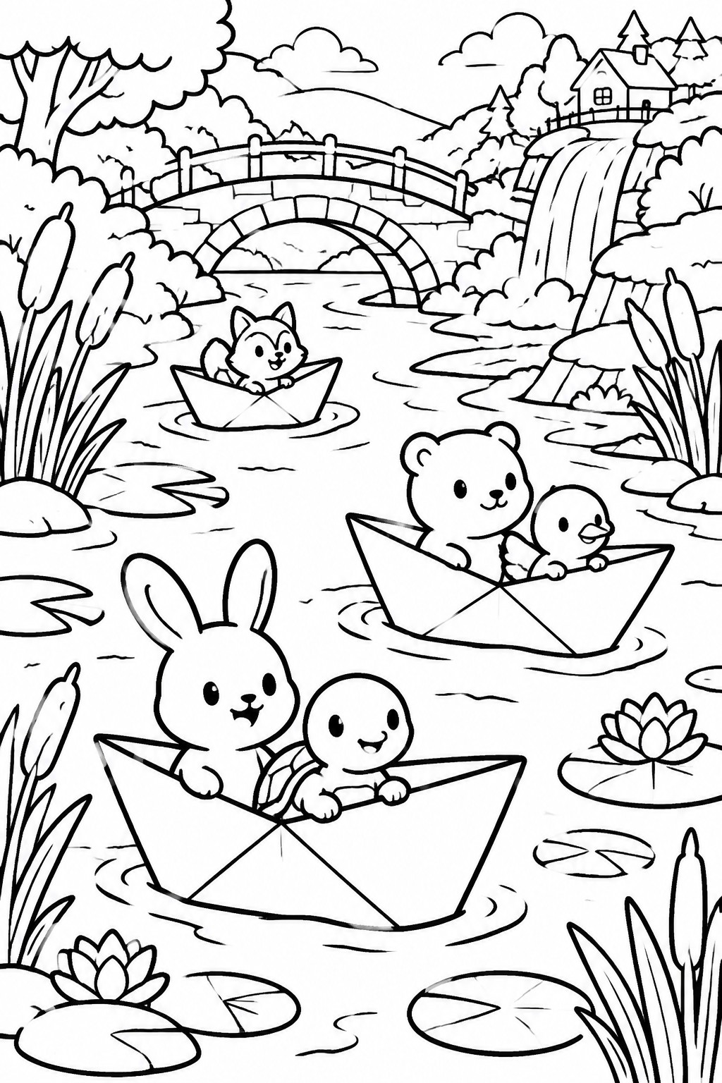 Coloring page of cute animals in paper boats on a river with bridge
