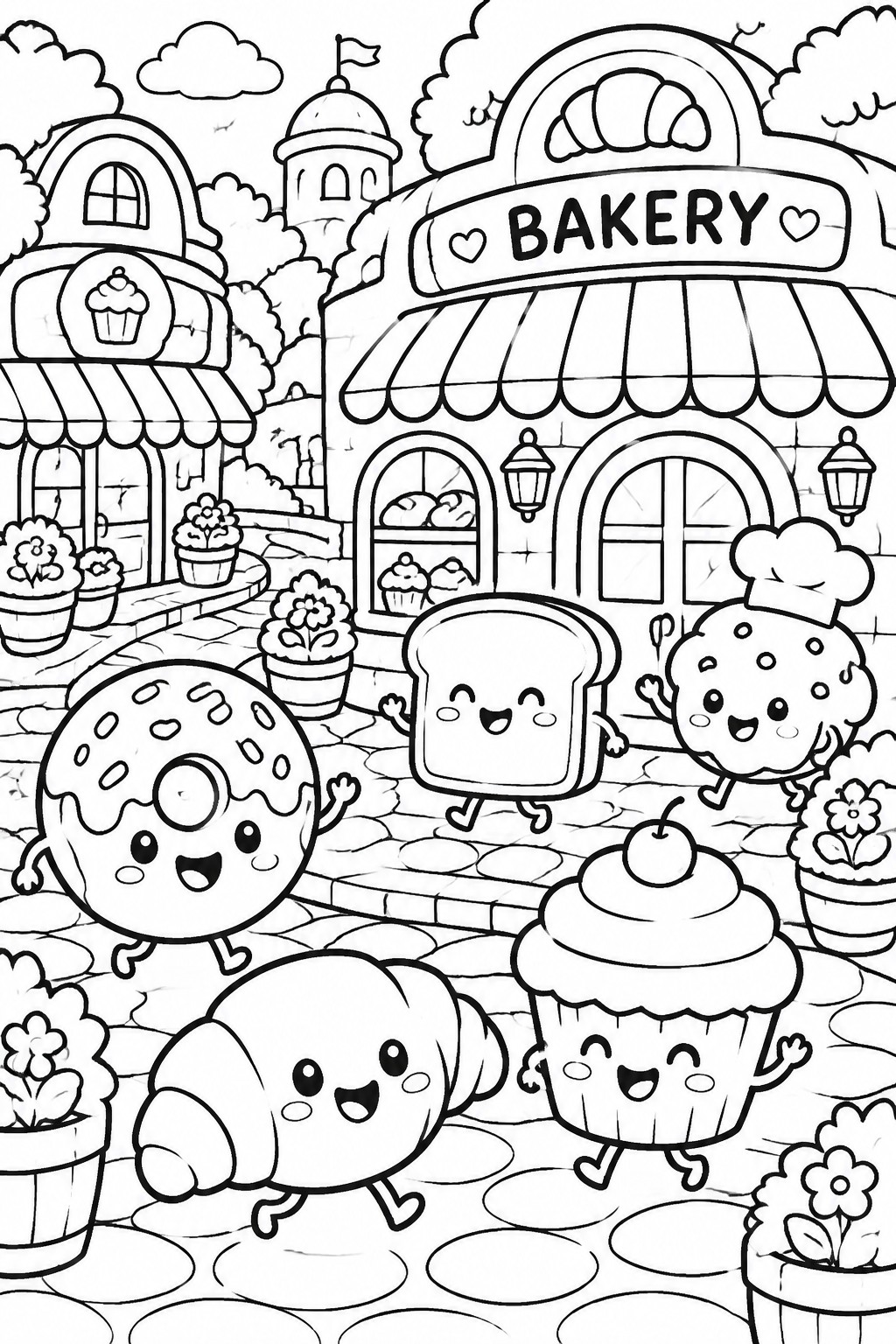 Coloring page of cute baked goods characters dancing outside a bakery storefront