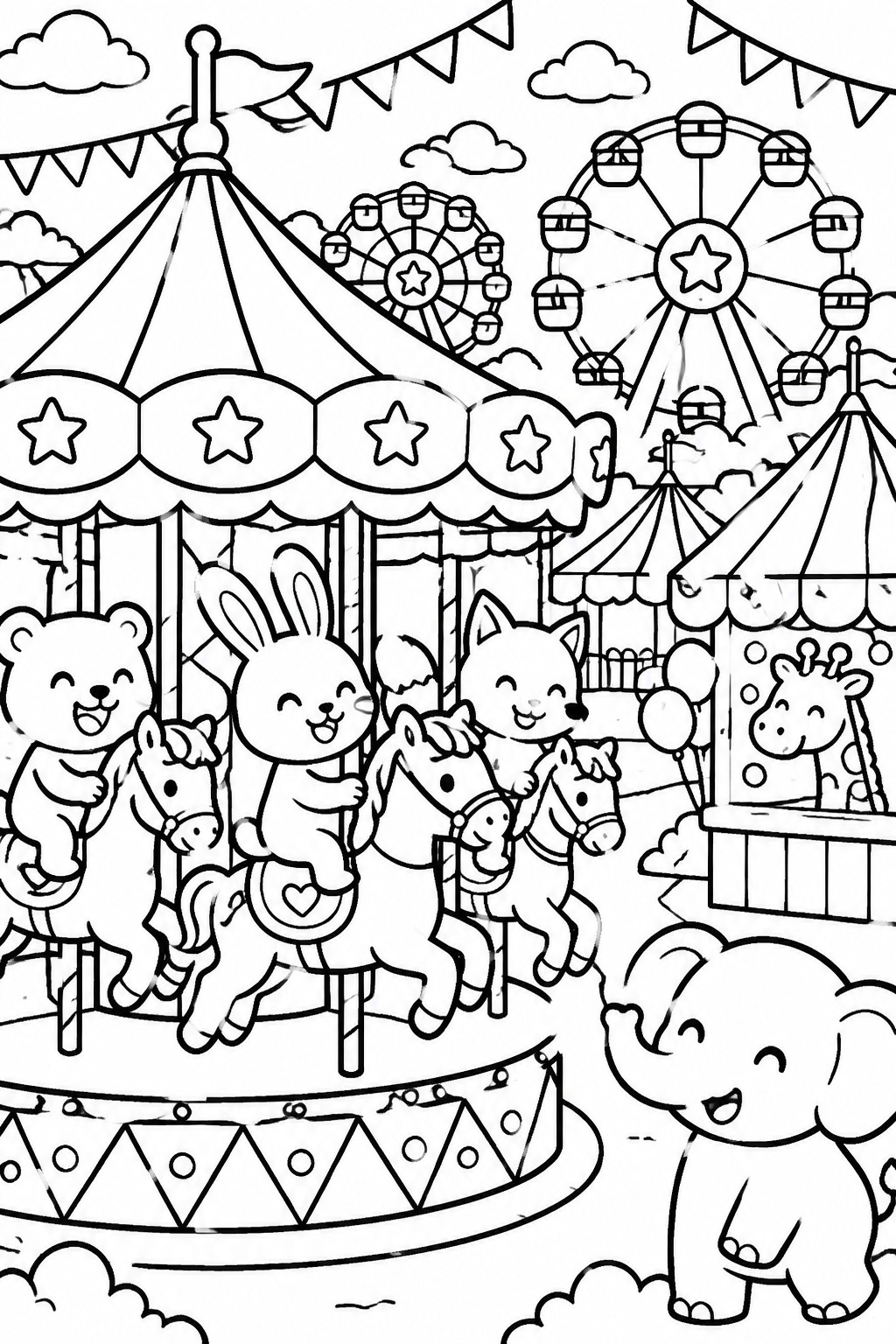Black and white coloring page of a carnival carousel with bear, rabbit, and fox riders, Ferris wheel in back, and elephant standing in front.
