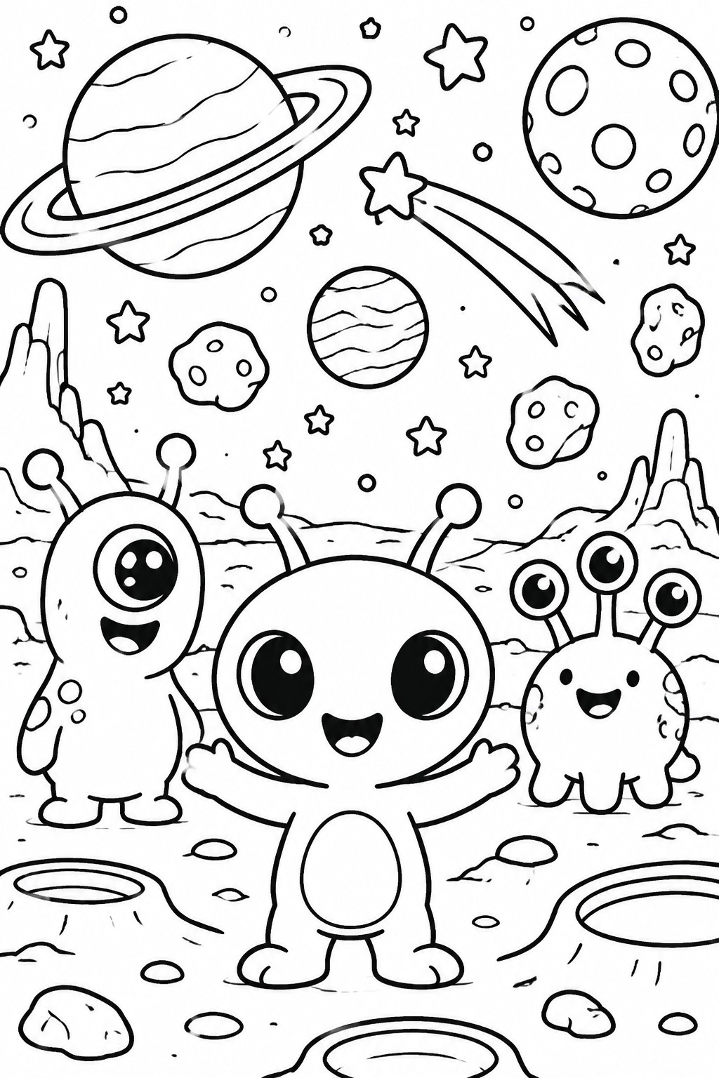 Three cute cartoon aliens waving on a cratered moon with planets and stars