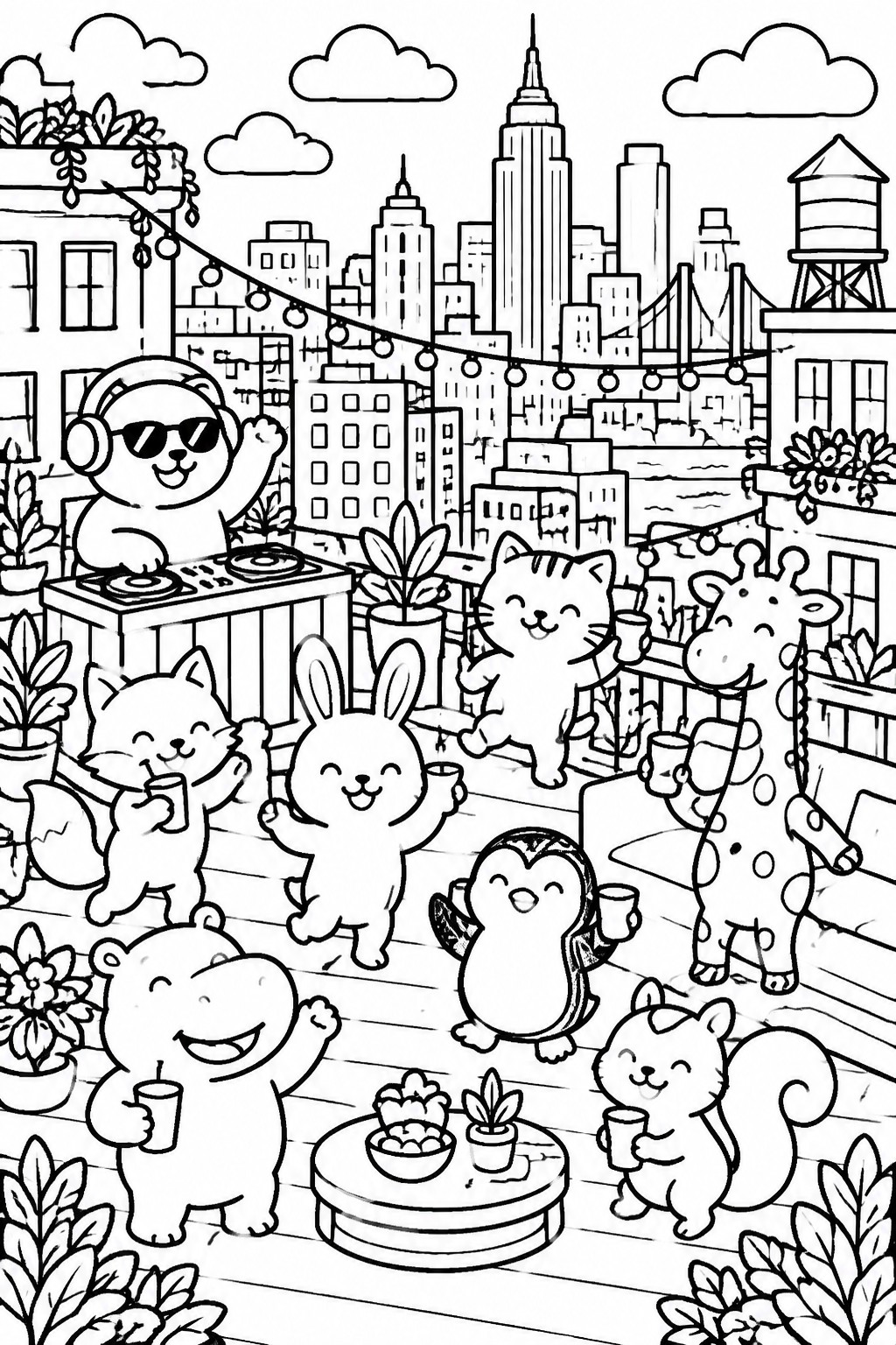 Coloring page of cute cartoon animals dancing at a city rooftop party with skyline