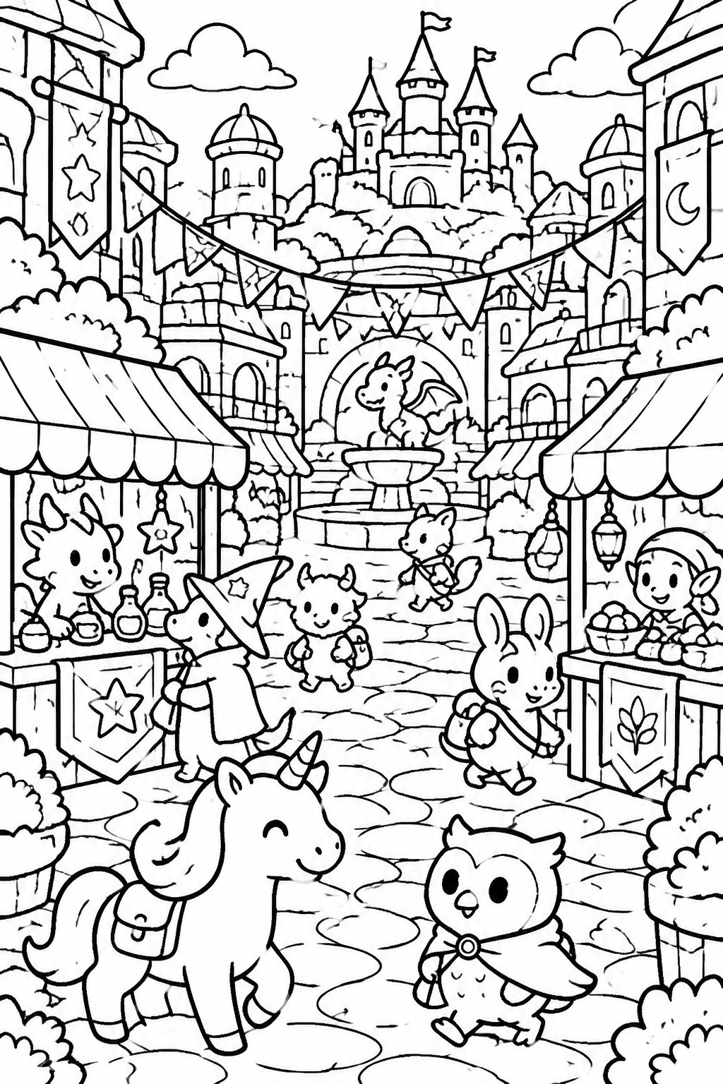 Coloring book scene of cute fantasy animals walking through a medieval castle market square