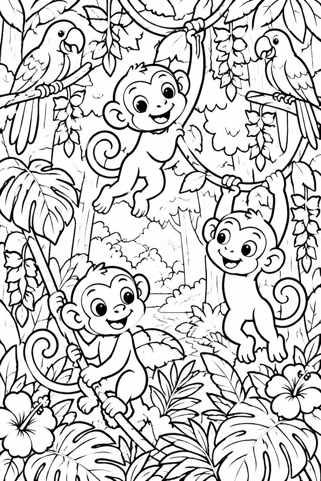 Coloring page of three monkeys swinging on vines with parrots in jungle
