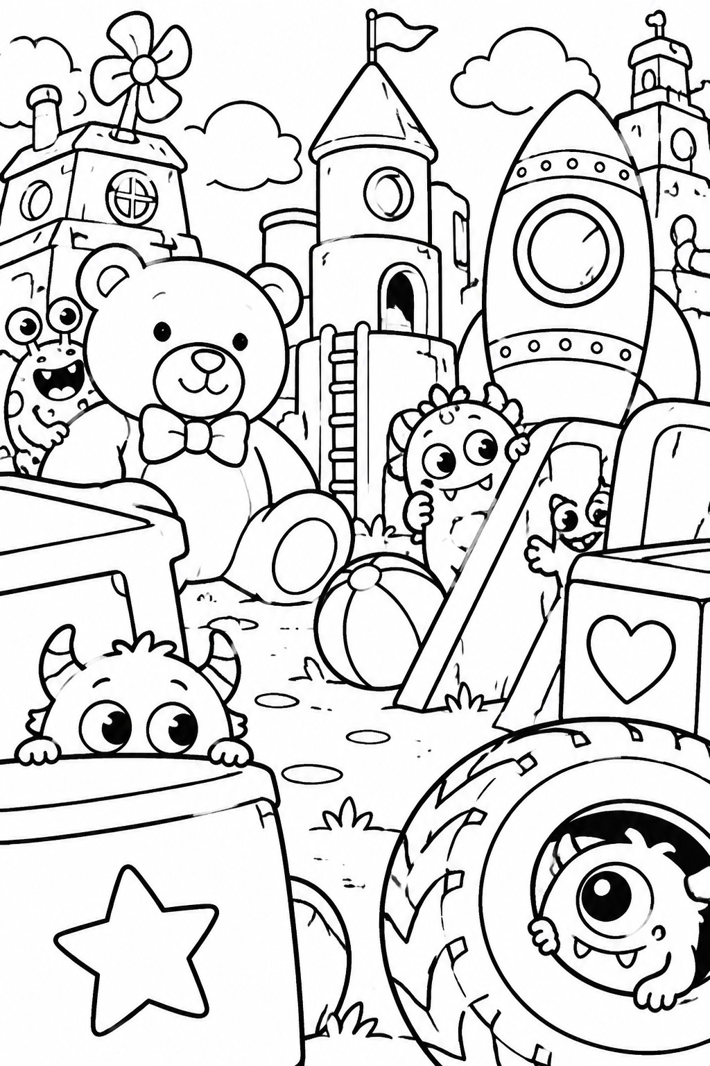 Black-and-white cartoon of teddy bear, monsters, rocket, truck, and toys.