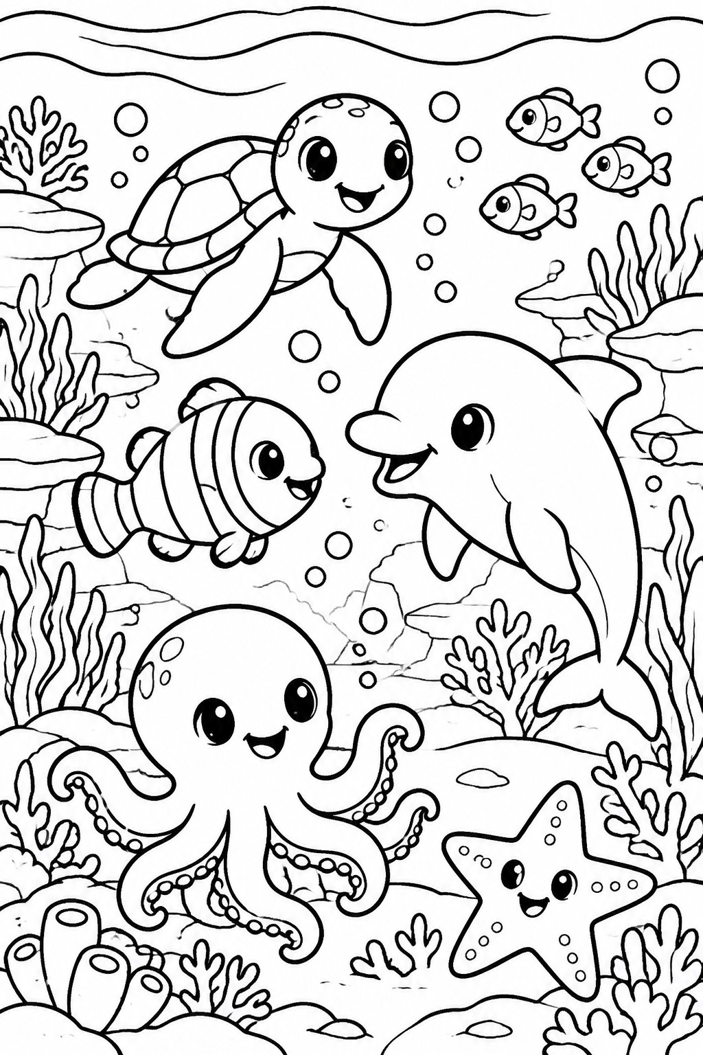 Coloring page of smiling sea turtle, dolphin, octopus, starfish and fish underwater