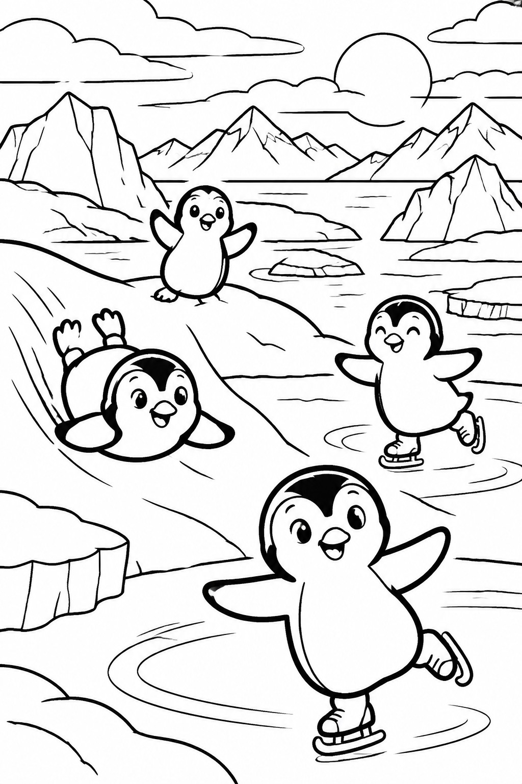 Four cartoon penguins skating and sliding in a snowy mountain landscape.