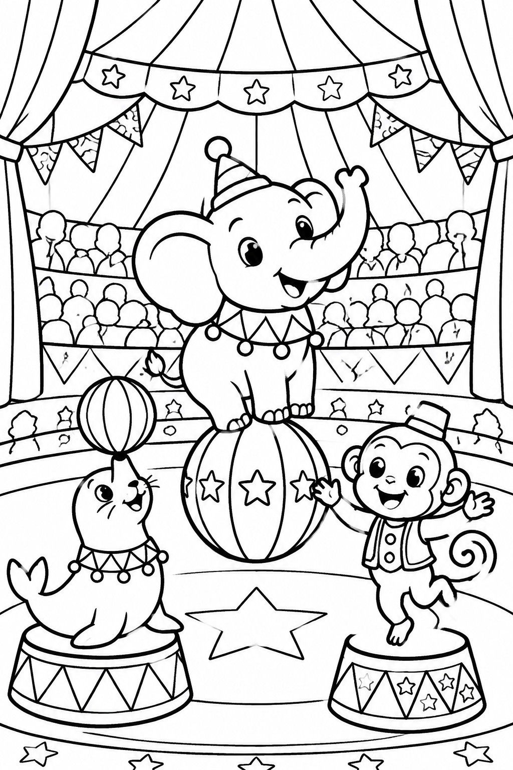Cartoon circus scene with elephant on ball, seal balancing, dancing monkey under tent.