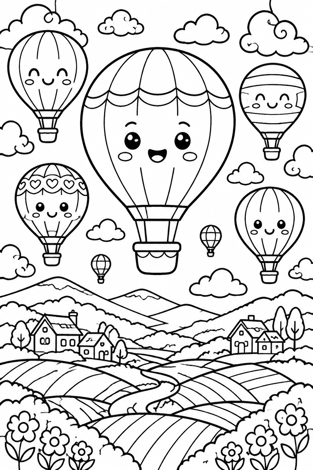Black and white line drawing of cute hot air balloons over rural hills with houses and flowers