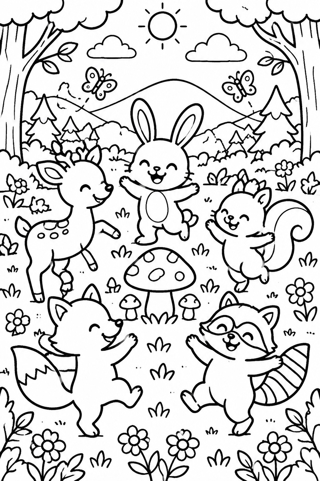 Coloring page of cute deer, bunny, fox, squirrel and raccoon dancing in sunny meadow.