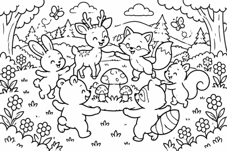 20 Unique Cartoon Coloring Pages Featuring Playful Characters and Busy Backgrounds Coloring page of cute deer, bunny, fox, squirrel and raccoon dancing in sunny meadow.