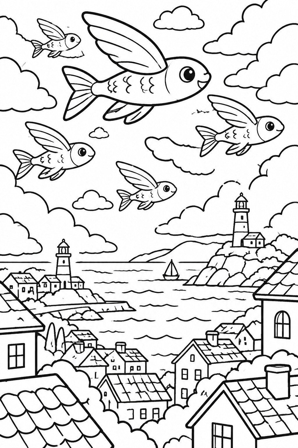 Black-and-white line art of winged fish flying over coastal village with lighthouses and sailboat.