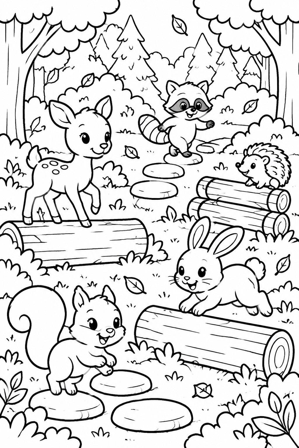 Coloring page of cartoon fawn, raccoon, hedgehog, bunny and squirrel on forest logs.