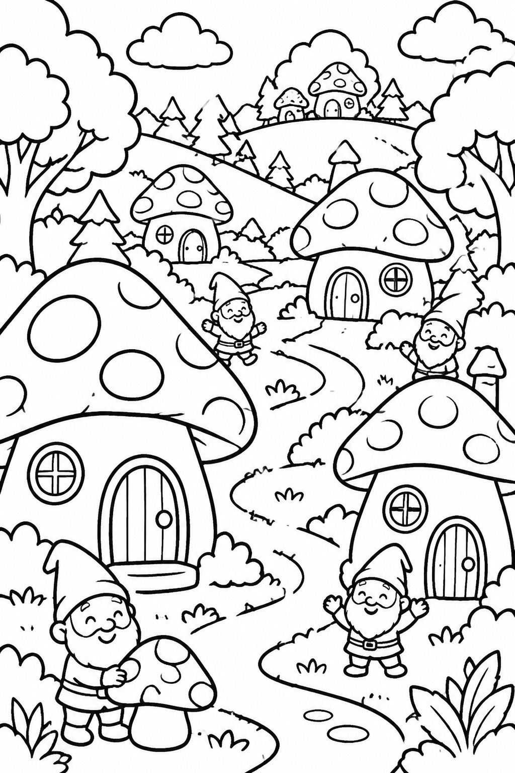 Coloring page of smiling gnomes in pointy hats beside mushroom houses in woods