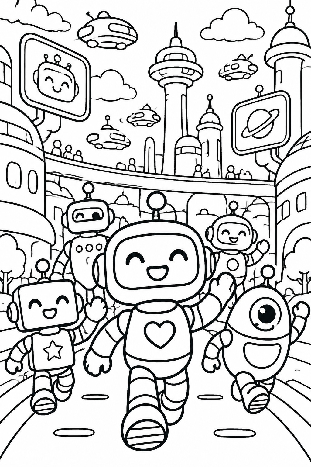 Coloring page of smiling cartoon robots walking in a futuristic city with flying saucers.