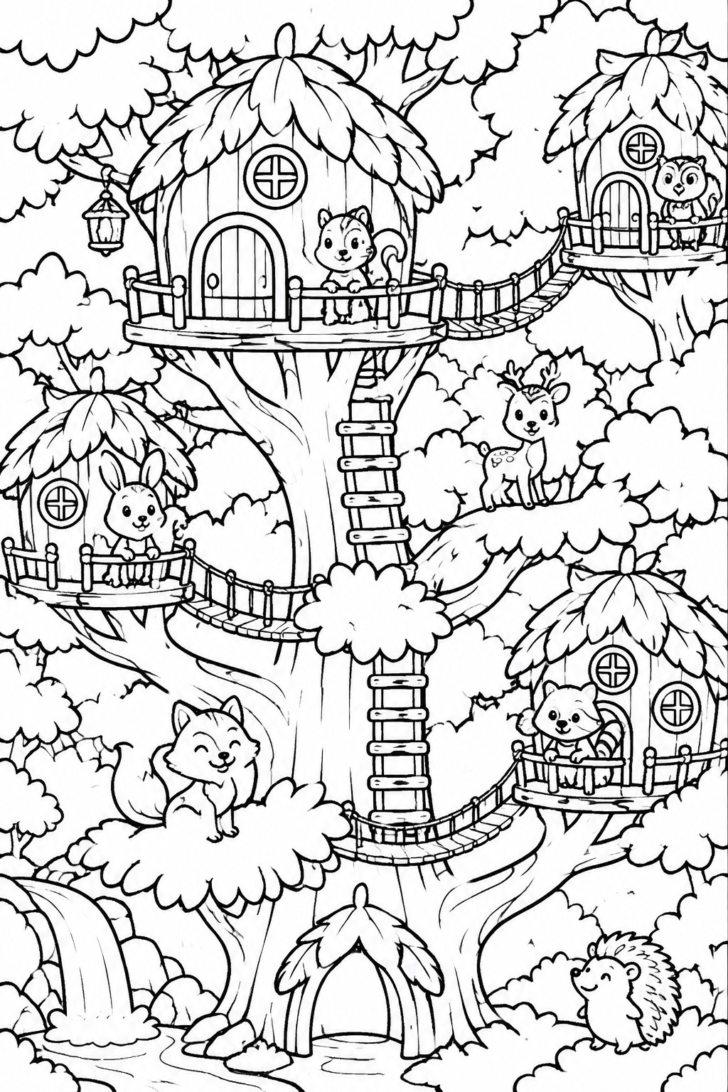 Black-and-white coloring page of cute animals in connected forest treehouses with bridges and ladder