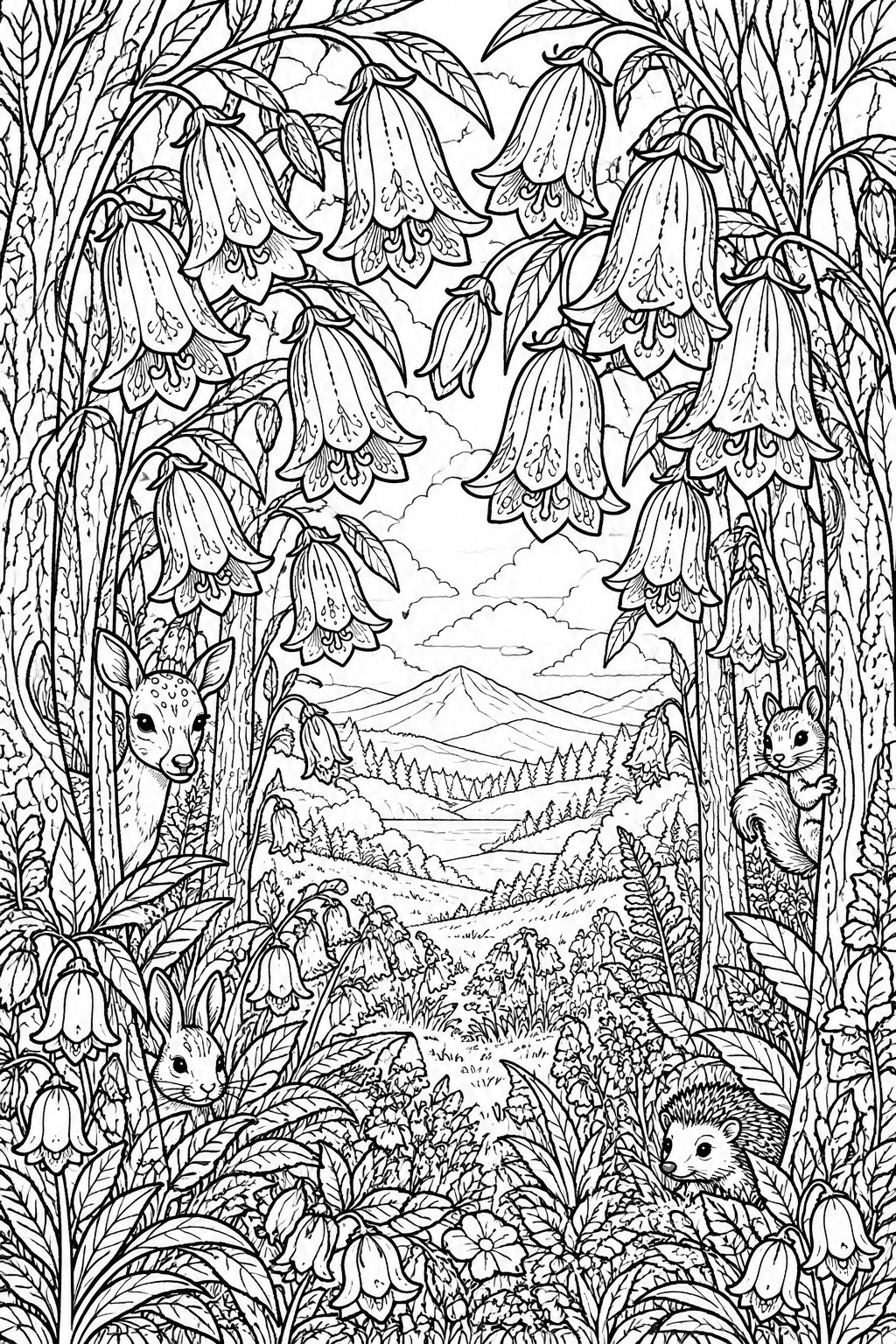 Detailed black-and-white line art of woodland animals amid bell flowers and mountains