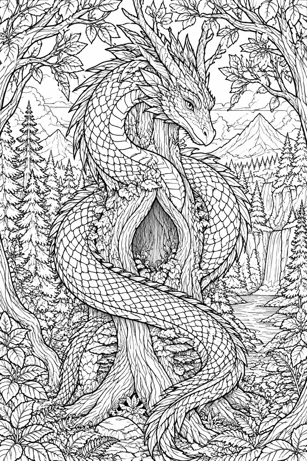 Dragon coiled around tree in detailed forest with mountains and waterfall