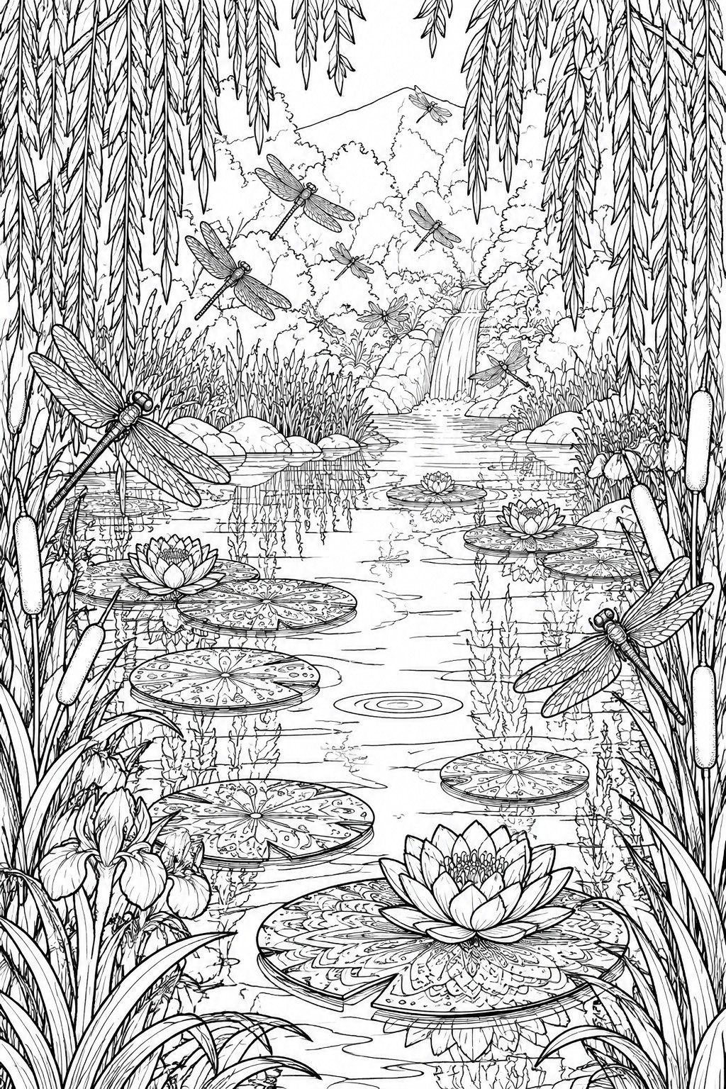 Black and white line art of dragonflies above a pond with lotus flowers and waterfall