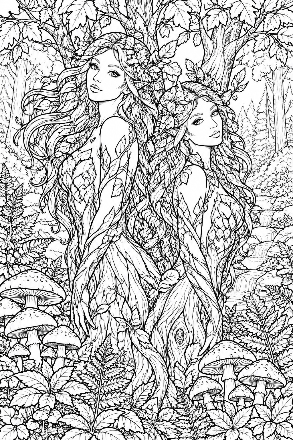 Two leaf-adorned women with flowing hair in an intricate forest line drawing