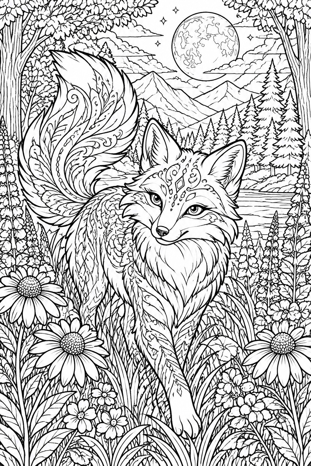 Ornate fox with patterned fur in moonlit forest amid flowers and mountains