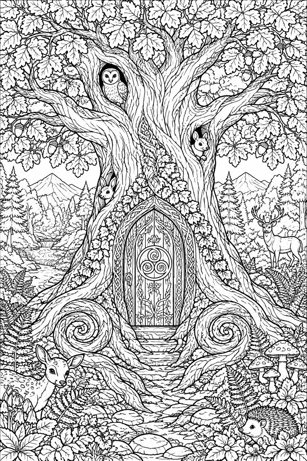 A black and white line drawing of a large tree with an ornate door at its base, an owl in one hole, squirrels in others, deer and a hedgehog nearby, plus mountains and forest in the background.