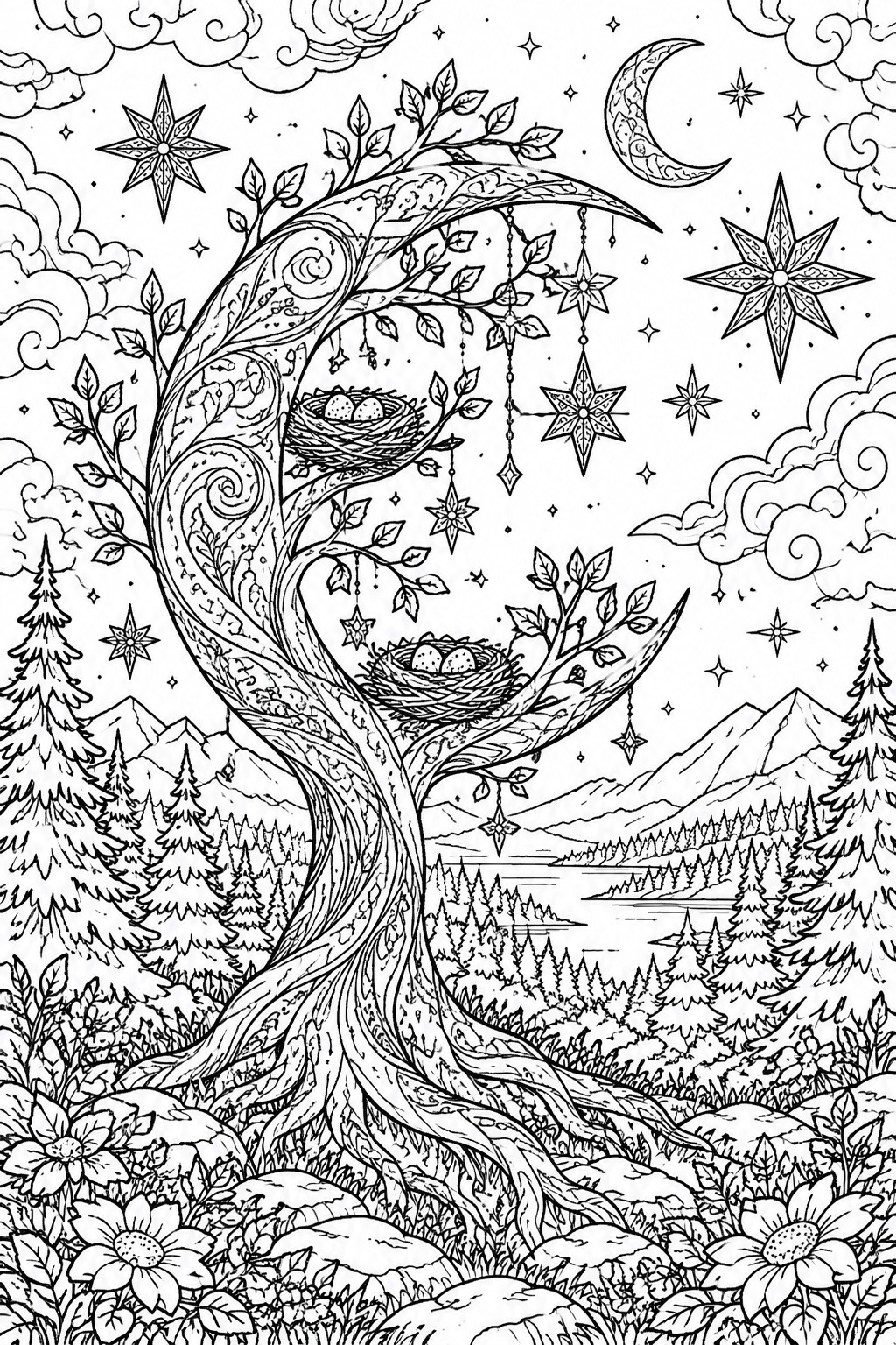 Ornate tree with nests, crescent moon, stars, mountains and forest in night sky.