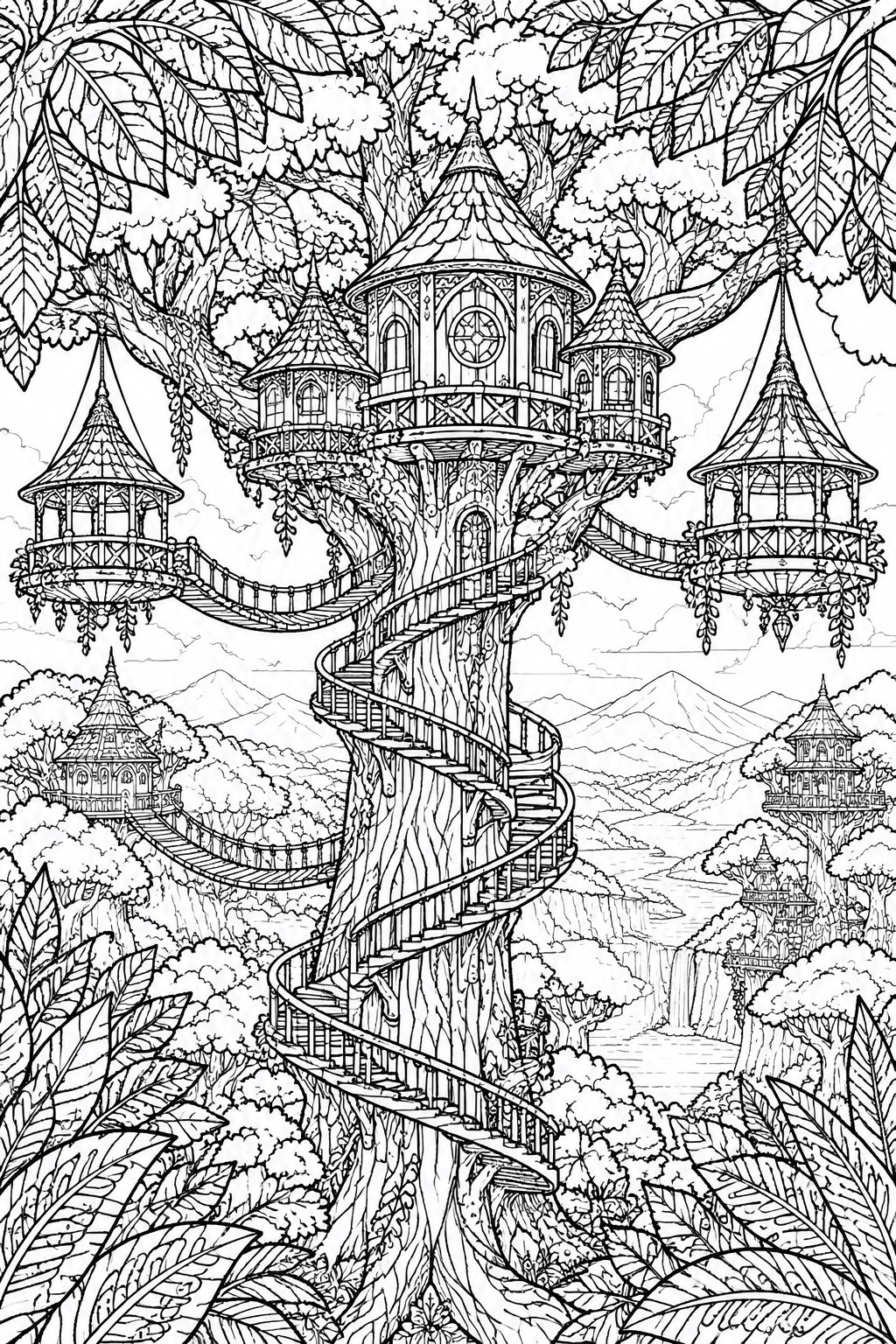 Intricate line art of fantasy treehouses with spiral staircase and bridges in mountains.