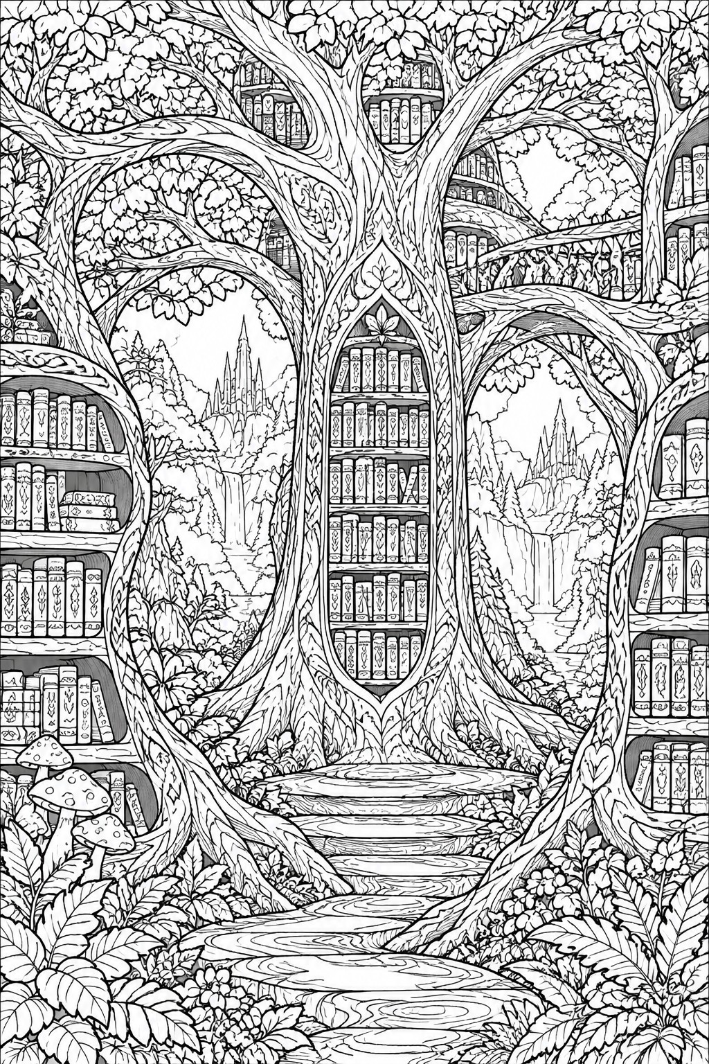 Enchanted forest library with tree bookshelves, winding path, and fantasy landscape in line art.