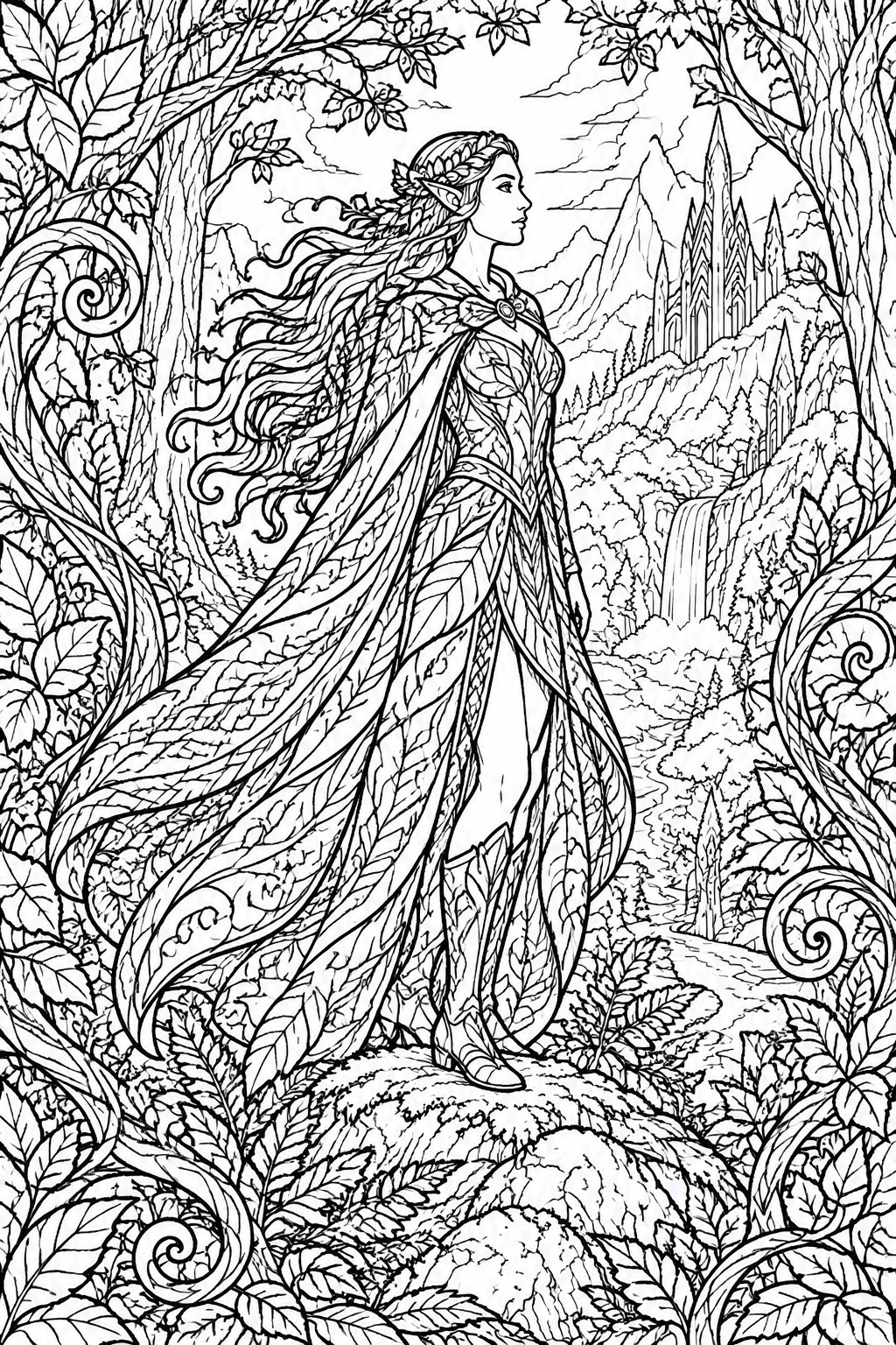 Black and white line art of a woman in leaf patterned dress and cape standing in a forest with trees, vines, a waterfall, and a castle in the background.