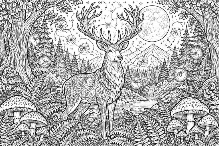 20 Unique Fantasy Adult Coloring Pages Filled With Enchanted Forest Scenes A detailed line art coloring page shows a large deer with antlers standing in a forest at night, with a full moon, trees, mountains, a waterfall, butterflies, and mushrooms.