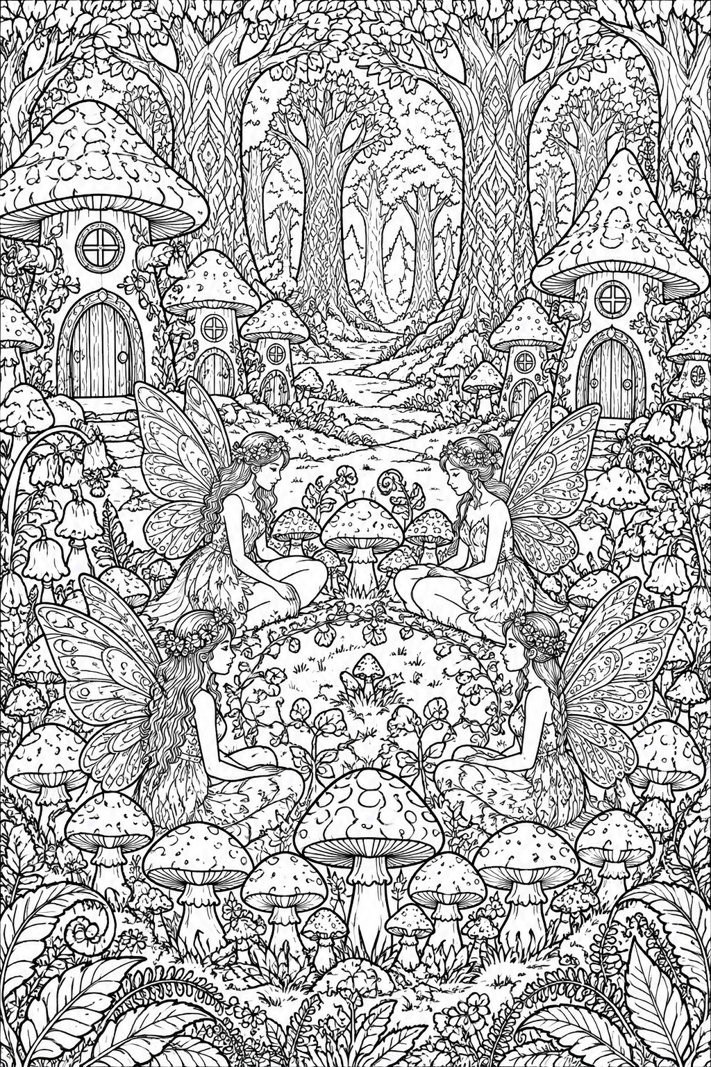 Black and white line art of four fairies sitting among mushrooms with mushroom houses and trees in the background.