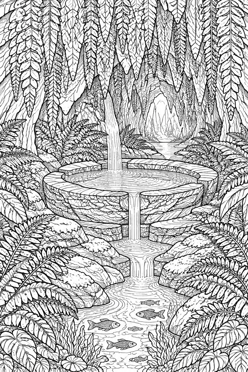 Black and white jungle illustration of tiered stone fountain with waterfall and fish amid ferns.