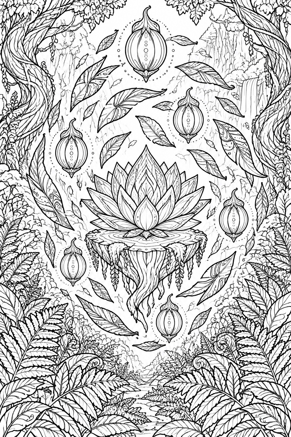 Intricate black-and-white line art of lotus on tree stump amid floating lanterns and forest foliage