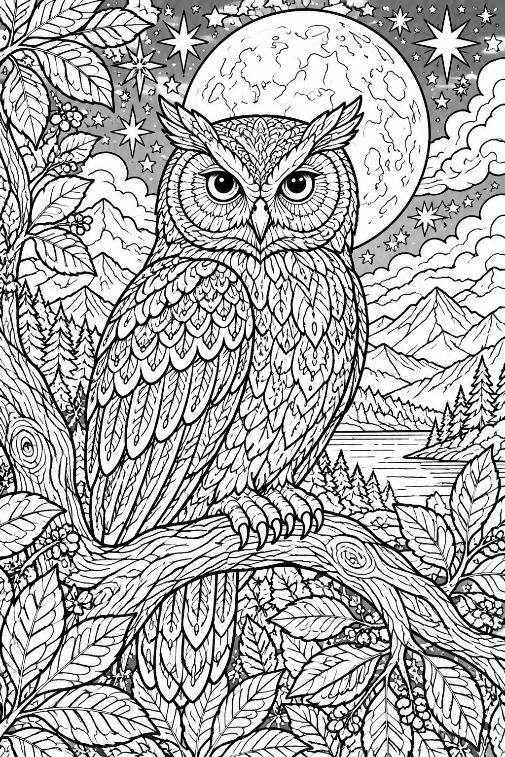 A black and white coloring page of an owl on a branch with a full moon, stars, mountains, and forest in the background.