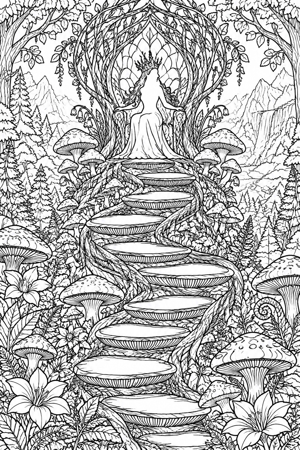 Coloring page featuring a crowned woman seated on a throne at the top of a winding staircase surrounded by mushrooms and forest trees.