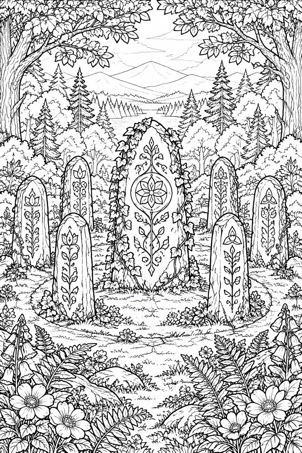 Line drawing of vine-covered standing stones in a forest with mountains beyond