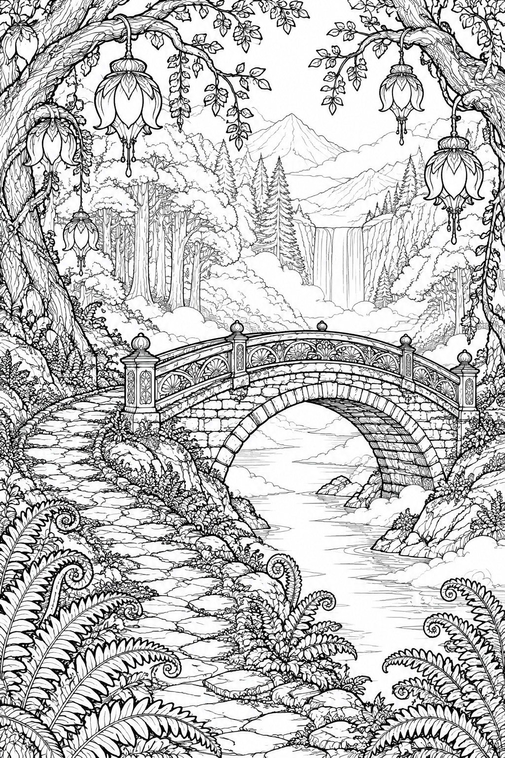 Intricate line art of a stone bridge over a river in a lantern-lit fantasy forest with mountains.